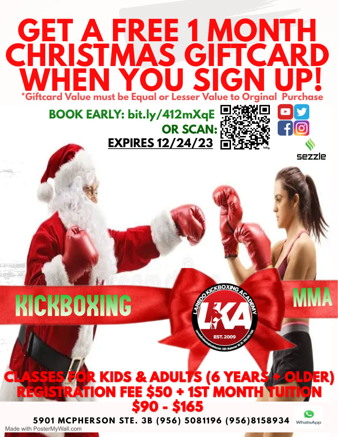 1 Free Month Christmas Gift Card with Registration! Laredo Kickboxing